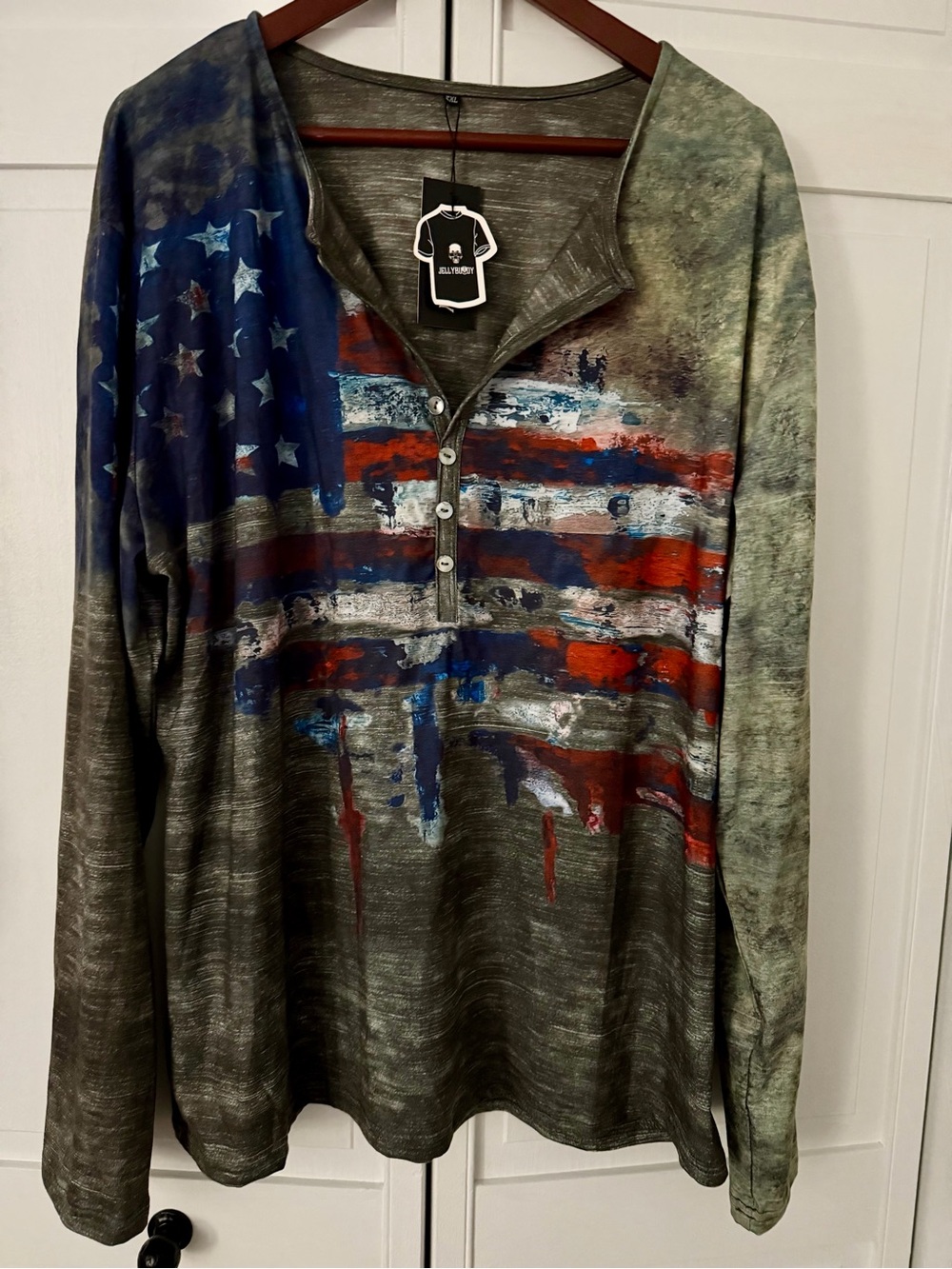 Skull Logo Long Sleeve Henley with Distressed Flag Print - Olive/Blue/Red